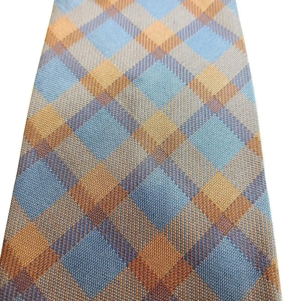 Anselmo Dionisio Orange‎ Blue Plaid Woven Wide Silk Tie